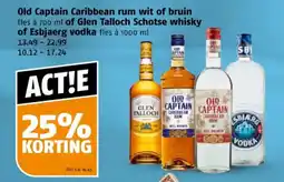Poiesz Old Captain Caribbean rum wit of bruin of Glen Talloch Schotse whisky of Esbjaerg vodka aanbieding