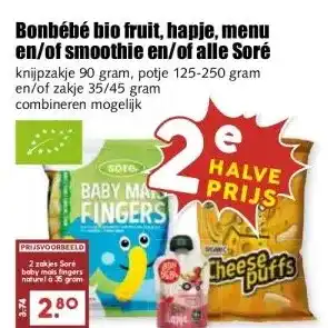 MCD Supermarkt Bonbébé bio fruit, hapje, menu en/of smoothie en/of alle Soré aanbieding