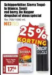 MCD Supermarkt Schipperbitter, Sierra Tequi- la blanco, Sourz red berry, De Kuyper dropshot of vieux spécial aanbieding