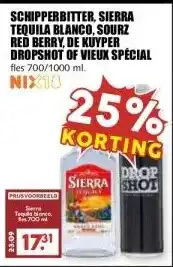 MCD Supermarkt SCHIPPERBITTER, SIERRA TEQUILA BLANCO, SOURZ RED BERRY, DE KUYPER DROPSHOT OF VIEUX SPÉCIAL aanbieding