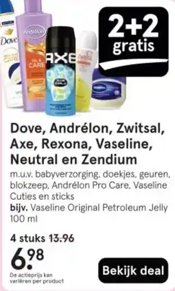 Etos Dove, Andrélon, Zwitsal, Axe, Rexona, Vaseline, Neutral en Zendium aanbieding