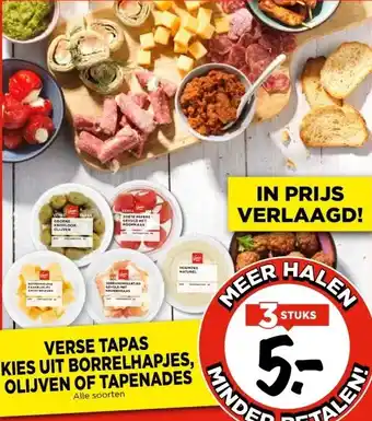 Vomar Voordeelmarkt VERSE TAPAS KIES UIT BORRELHAPJES, OLIJVEN OF TAPENADES aanbieding