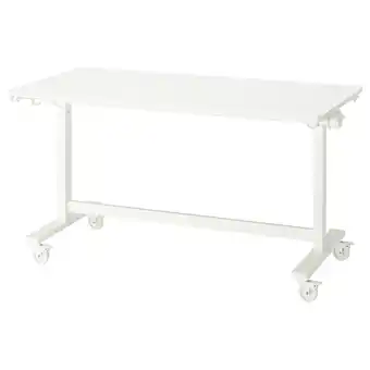IKEA Mittzon: wit, verstelbaar, rechthoekig bureau op wielen, met inklapbare poten en haken aan elke kant aanbieding