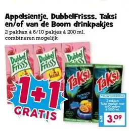 Boon`s Markt Appelsientje. DubbelFrisss, Taksi en/of van de Boom drinkpakjes aanbieding