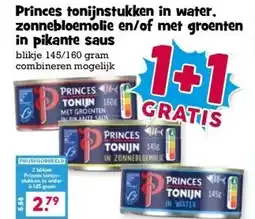 Boon`s Markt Princes tonijnstukken in water. zonnebloemolie en/of met groenten in pikante saus aanbieding