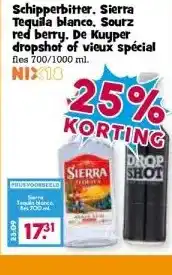 Boon`s Markt Schipperbitter. Sierra Tequila blanco, Sourz red berry. De Kuyper dropshot of vieux spécial aanbieding
