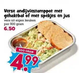 Boon`s Markt Verse andijviestamppot met gehaktbal of met spekjes en jus aanbieding