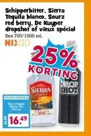 Boon`s Markt Schipperbitter. Sierra Tequila blanco. Sourz red berry. De Kuyper dropshot of vieux spécial aanbieding
