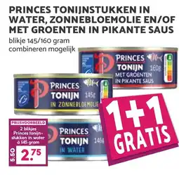 De Boerenschuur Princes tonijnstukken in water, zonnebloemolie en/of met groenten in pikante saus aanbieding