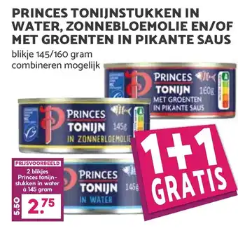 De Boerenschuur Princes tonijnstukken in water, zonnebloemolie en/of met groenten in pikante saus aanbieding