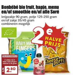 De Boerenschuur Bonbébé bio fruit, hapje, menu enof smoothie en of alle Soré 2 zakjes Soré aanbieding