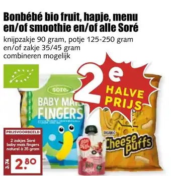 De Boerenschuur Bonbébé bio fruit, hapje, menu enof smoothie en of alle Soré 2 zakjes Soré aanbieding