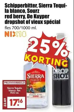 De Boerenschuur Schipperbitter, Sierra Tequi la blanco, Sourz red berry, De Kuyper dropshot of vieux spécial aanbieding