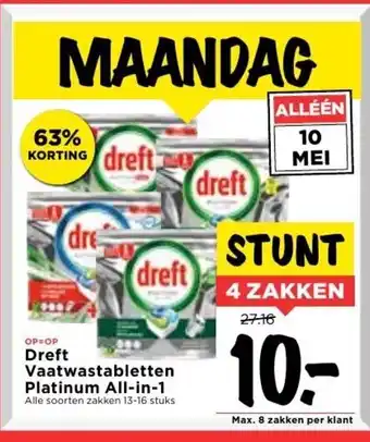 Vomar Voordeelmarkt Dreft Platinum All-in-1 vaatwastabletten 4*13-16st aanbieding