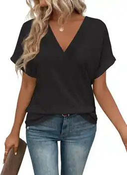 Amazon Cuptacc T-shirts dames korte mouwen V-hals Basic Shirt Dames Tops Effen Kleur Tees Losse Fit Casual aanbieding