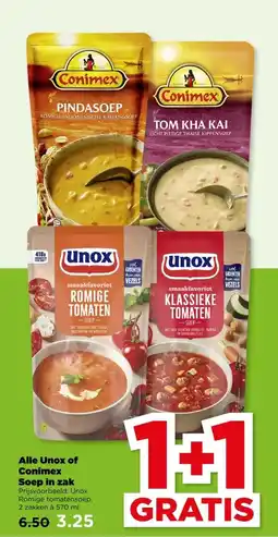 PLUS Alle Unox of Conimex Soep in zak aanbieding