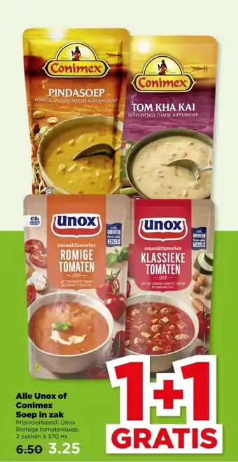 PLUS Alle Unox of Conimex Soep in zak aanbieding