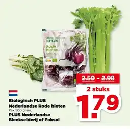 PLUS Biologisch PLUS Nederlandse Rode bieten, PLUS Nederlandse Bleekselderij of Paksoi aanbieding
