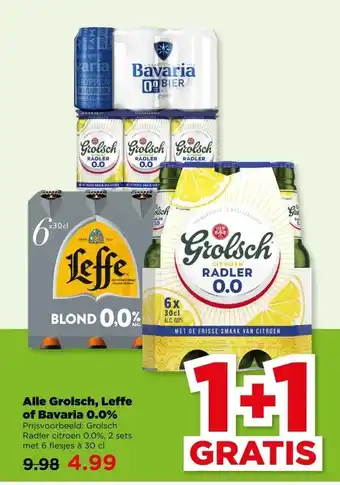 PLUS Alle Grolsch, Leffe of Bavaria 0.0% aanbieding