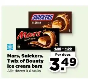 PLUS Mars, Snickers, Twix of Bounty Ice cream bars aanbieding