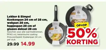PLUS Lekker & Simpel Koekenpan 24 cm of 28 cm, wokpan 28 cm, hapjespan 28 cm of glazen deksel 28 cm aanbieding