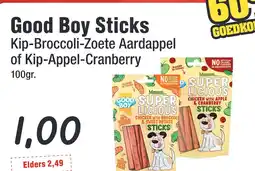 Budget Food Good Boy Sticks Kip-Broccoli-Zoete Aardappel of Kip-Appel-Cranberry Resealable aanbieding