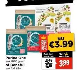 Vomar Voordeelmarkt Purina One zak 800 gram of Beneful zak 1.4 kilo aanbieding