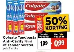 Vomar Voordeelmarkt Colgate Tandpasta Anti-Cavity 75 ml of Tandenborstel pak 2 stuks aanbieding