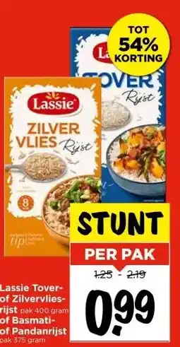 Vomar Voordeelmarkt Lassie Tover- of Zilvervlies- rijst pak 400 gram of Basmati- of Pandanrijst pak 375 gram aanbieding