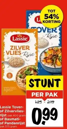 Vomar Voordeelmarkt Lassie Tover- of Zilvervlies- rijst pak 400 gram of Basmati- of Pandanrijst pak 375 gram aanbieding