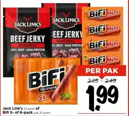 Vomar Voordeelmarkt Jack Link's 25 gram of Bifi 5- of 6-pack pak 25 gram aanbieding