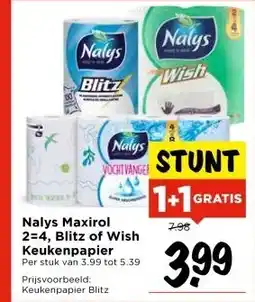 Vomar Voordeelmarkt Nalys Maxirol 2=4, Blitz of Wish Keukenpapier aanbieding