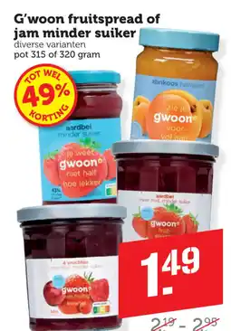 Coop G'woon fruitspread of jam minder suiker aanbieding