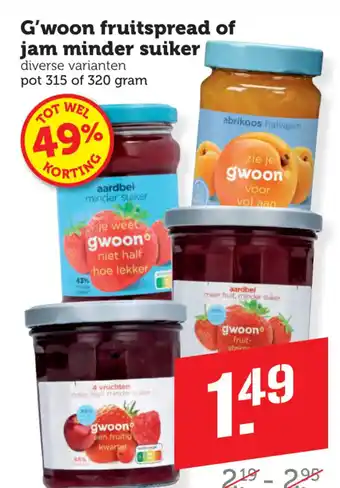 Coop G'woon fruitspread of jam minder suiker aanbieding