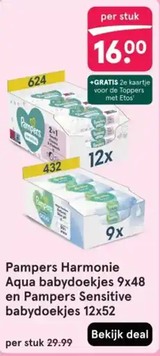 Etos Pampers Harmonie Aqua babydoekjes 9x48 en Pampers Sensitive babydoekjes 12x52 aanbieding