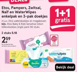 Etos Etos, Pampers, Zwitsal, Naïf en WaterWipes enkelpak en 3 pak doekjes aanbieding
