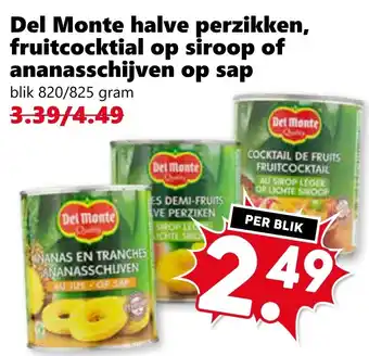 Coop Del Monte halve perzikken, fruitcocktial op siroop of ananasschijven op sap aanbieding