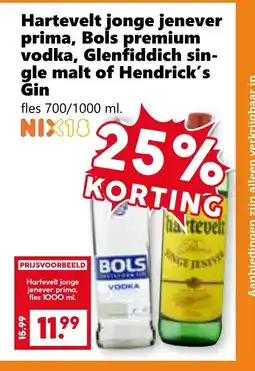 Coop Hartevelt jonge jenever prima, Bols premium vodka, Glenfiddich sin- gle malt of Hendrick's Gin aanbieding