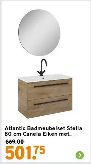 GAMMA Atlantic Badmeubelset Stella 80 cm Canela Eiken met Spiegel en Witte Wastafel aanbieding