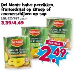 Boon`s Markt Del Monte halve perzikken. fruitcocktial op siroop of ananasschijven op sap aanbieding