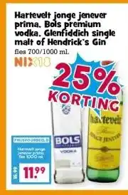 Boon`s Markt Hartevelt jonge jenever prima. Bols premium vodka. Glenfiddich single malt of Hendrick's Gin aanbieding