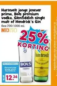 Boon`s Markt Hartevelt jonge jenever prima. Bols premium vodka. Glenfiddich single malt of Hendrick's Gin aanbieding