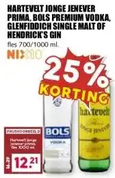MCD Supermarkt HARTEVELT JONGE JENEVER PRIMA, BOLS PREMIUM VODKA, GLENFIDDICH SINGLE MALT OF HENDRICK'S GIN aanbieding