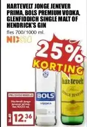 MCD Supermarkt HARTEVELT JONGE JENEVER PRIMA, BOLS PREMIUM VODKA, GLENFIDDICH SINGLE MALT OF HENDRICK'S GIN aanbieding