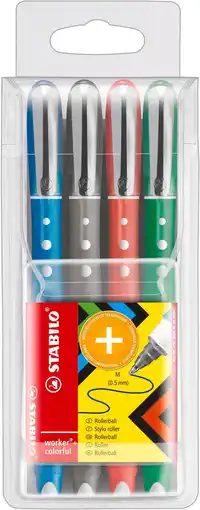 Amazon Rollerball - STABILO worker+ colorful - medium - 4 stuks - groen, rood, blauw, zwart (assorti) aanbieding
