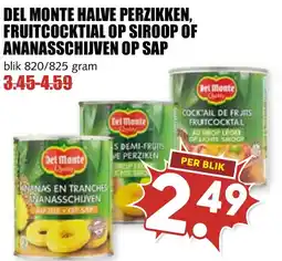 De Boerenschuur Del monte halve perzikken, fruitcocktial op siroop of ananasschijven op sap aanbieding