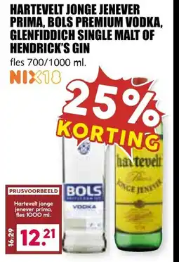 De Boerenschuur Hartevelt jonge jenever prima, bols premium vodka, glenfiddich single malt of hendrick's gin fles 700/1000 ml. aanbieding