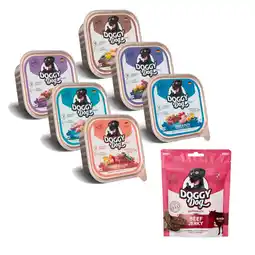 Zooplus 6 x 150 g Doggy natvoer voor honden Adult Mixpaket + 70 g Softsnack Beef Jerky gratis! aanbieding