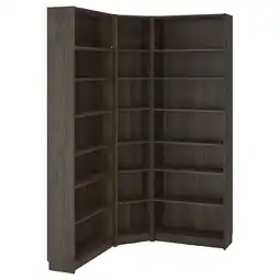 IKEA Billy donkerbruine hoekboekenkast, modern design, meerdere planken, efficiënte opslag aanbieding