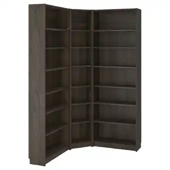 IKEA Billy donkerbruine hoekboekenkast, modern design, meerdere planken, efficiënte opslag aanbieding